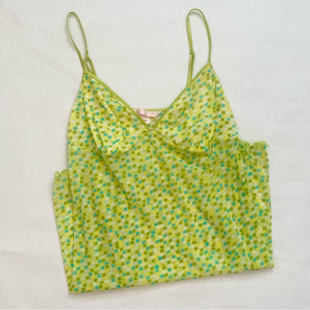 Y2K Victoria’s Secret Micro Mesh Lemon Lime Yellow Print Babydoll Slip Dress L - Picture 6 of 8